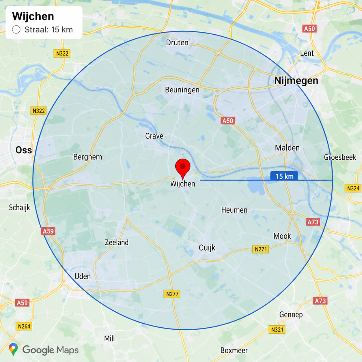 Werkgebied Wijchen 15 km straal
